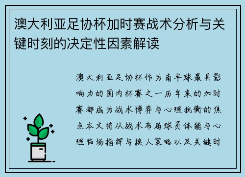 澳大利亚足协杯加时赛战术分析与关键时刻的决定性因素解读