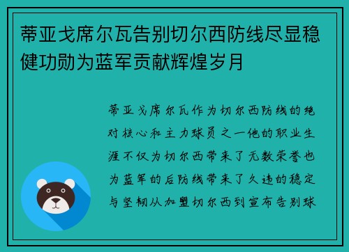 蒂亚戈席尔瓦告别切尔西防线尽显稳健功勋为蓝军贡献辉煌岁月